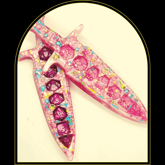 Dice Holder DaggerROLLIN! ROLLIN! ROLLIN ON THE RIVER! Or rather rolling at your DM table... with these custom ordered dice holder daggers. This sharp stabby comes complete with balanWitchin Waifu