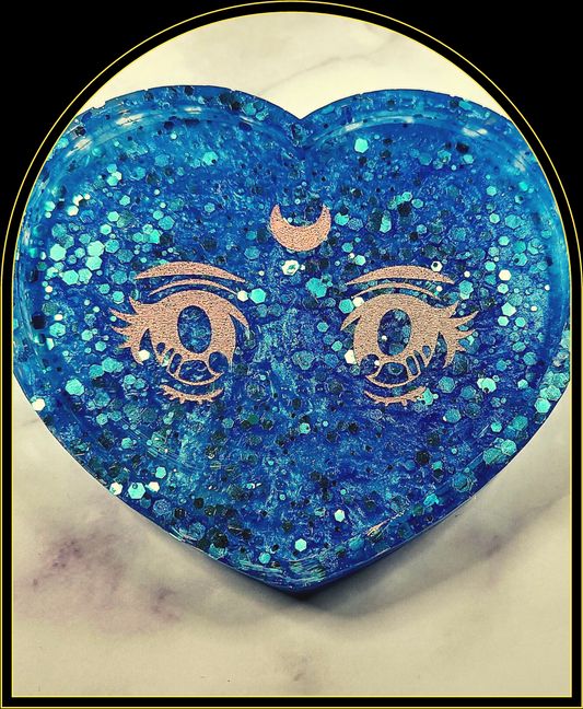 Heart Eyes TraySave the day or at least your table with our custom food safe resin Anime Eyes coaster.Measuring 5" across and 3" in length, this heart shaped lipped coaster comes iWitchin Waifu