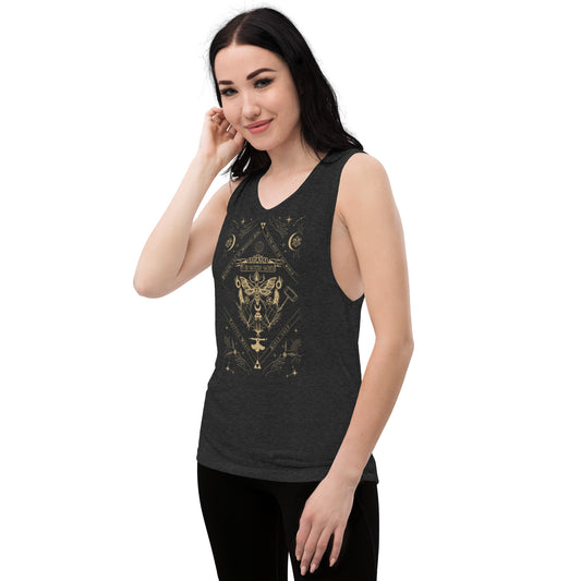 Hidden Geek Tarot Card Ladies’ Muscle TankThis comfortable muscle tank is soft and flowy with low cut armholes for a relaxed look.

• 65% polyester, 35% viscose
• Athletic Heather is 52% polyester, 48% viscoWitchin Waifu